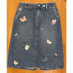 Y2K Gap Jean Denim Skirt sz 0 XS  Embroidered Butterflies Vintage Midi Straight
